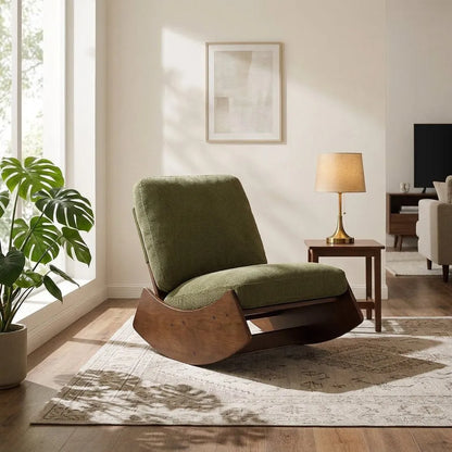 Fauteuil relax coulissant en velours côtelé vert, base en bois massif