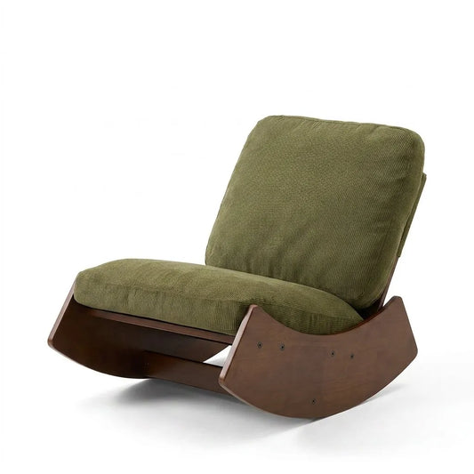 Fauteuil relax coulissant en velours côtelé vert, assise et dossier arrondis, bois massif