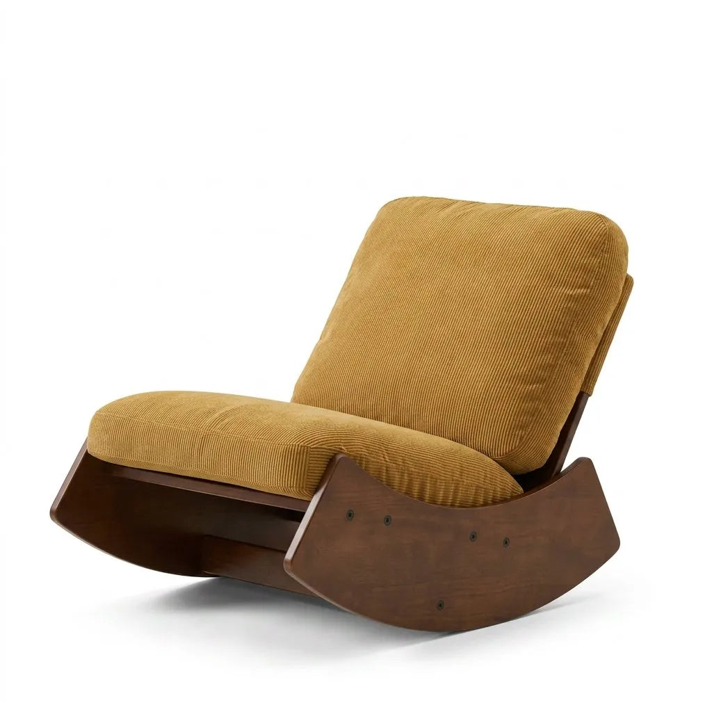 Fauteuil relax coulissant en velours côtelé ocre, base en bois massif