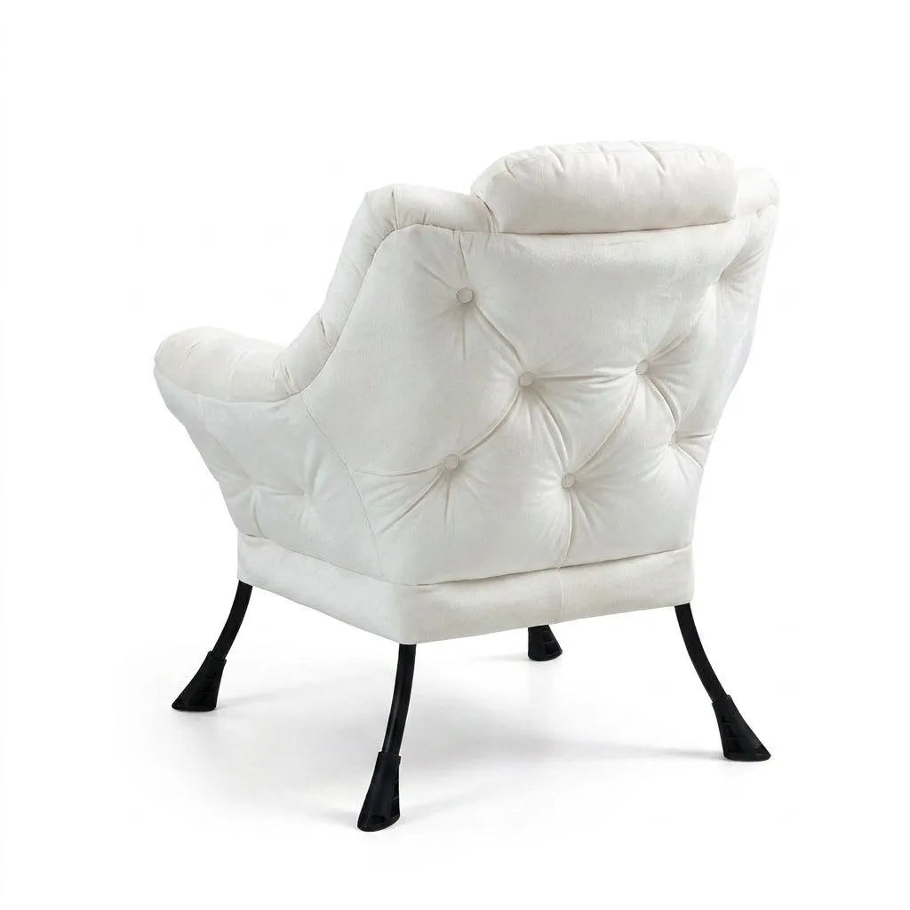 Fauteuil relax rembourré clair, dossier capitonné boutonné et piètement noir