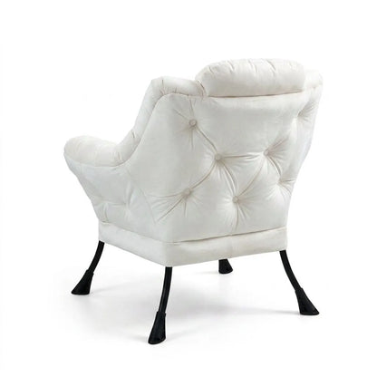 Fauteuil relax rembourré clair, dossier capitonné boutonné et piètement noir