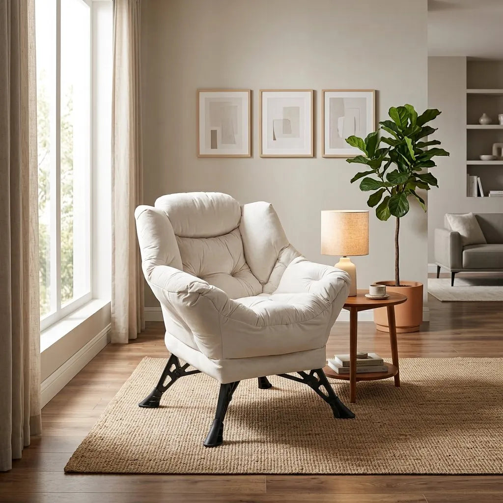 Fauteuil relax à revêtement clair, accoudoirs rembourrés et piètement noir en métal