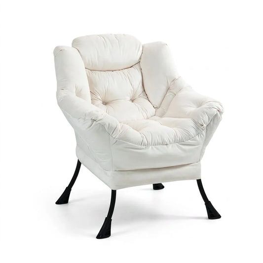 Fauteuil relax rembourré clair, dossier capitonné et piètement noir en métal