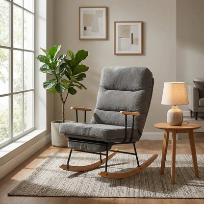 Fauteuil relax en tissu gris avec repose-pieds et base à bascule