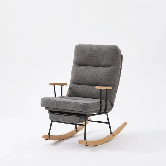 Fauteuil relax gris avec repose-pieds intégré et accoudoirs, piètement basculant