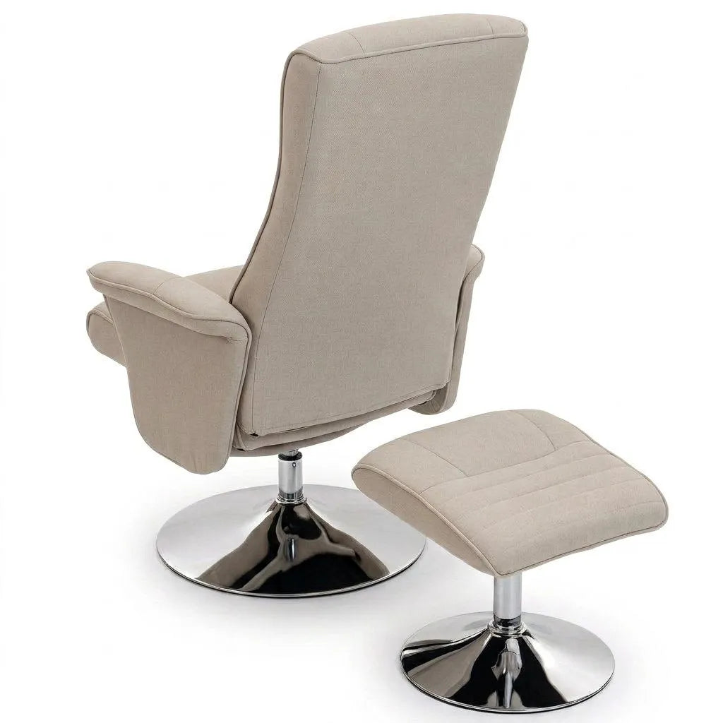 Fauteuil relax en tissu beige, dossier enveloppant avec repose-pieds et piétement chromé