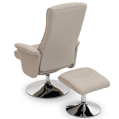 Fauteuil relax en tissu beige, dossier enveloppant avec repose-pieds et piétement chromé