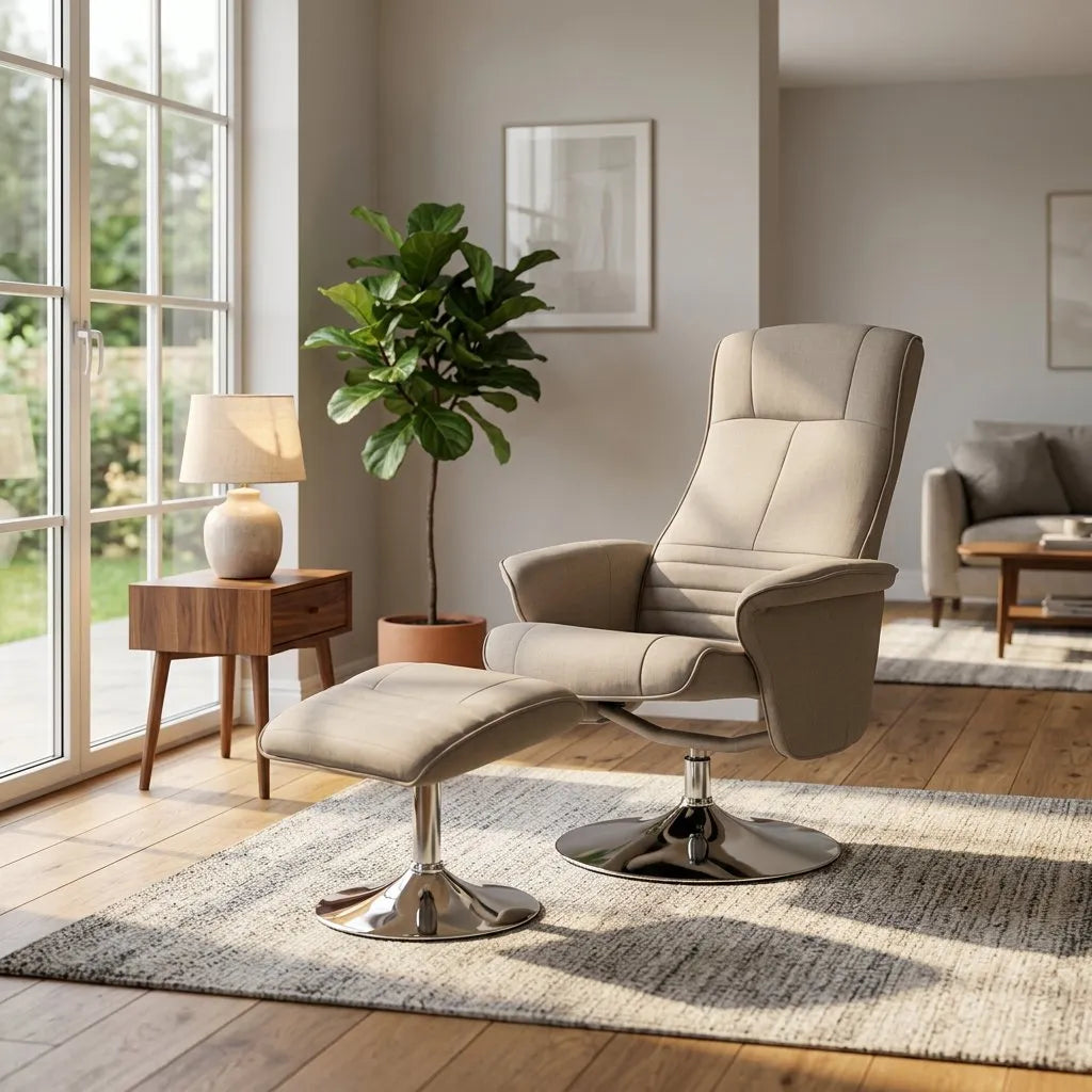Fauteuil relax inclinable en tissu beige avec repose-pieds et base chromée, vue d’ensemble