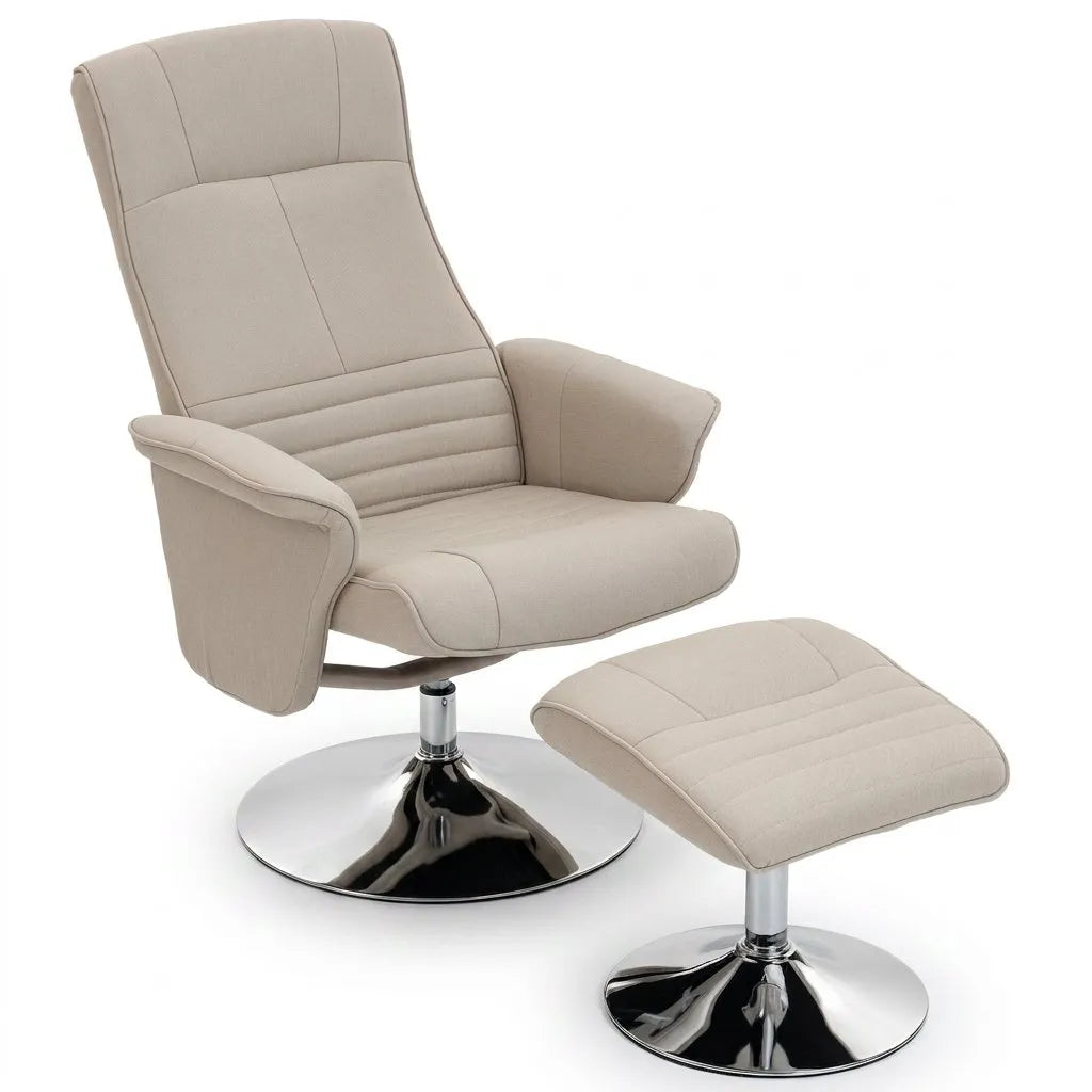 Fauteuil relax beige en tissu, accoudoirs rembourrés et repose-pieds, base chromée