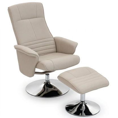 Fauteuil relax beige en tissu, accoudoirs rembourrés et repose-pieds, base chromée