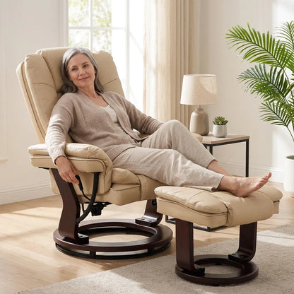 Fauteuil relax beige inclinable avec repose-pieds, utilisateur assis, base pivotante