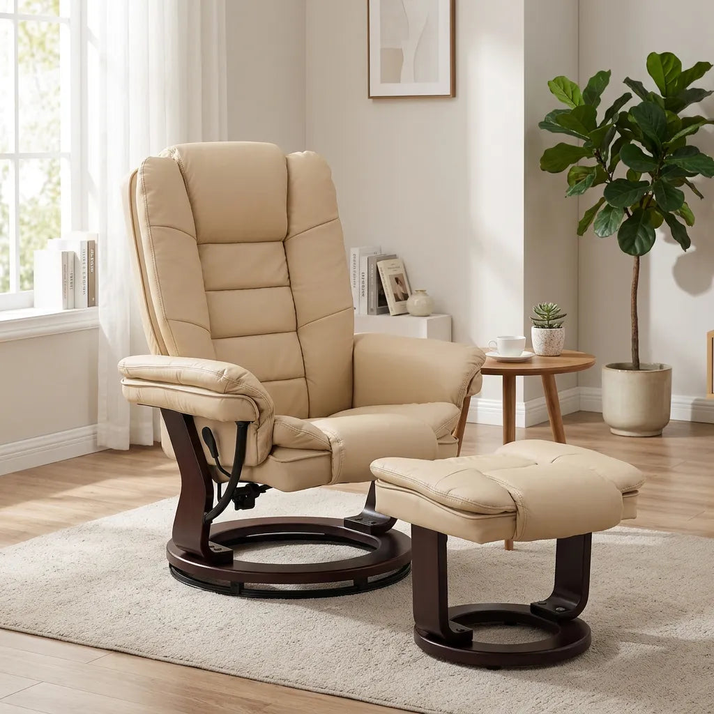 Fauteuil relax beige inclinable avec repose-pieds sur base pivotante