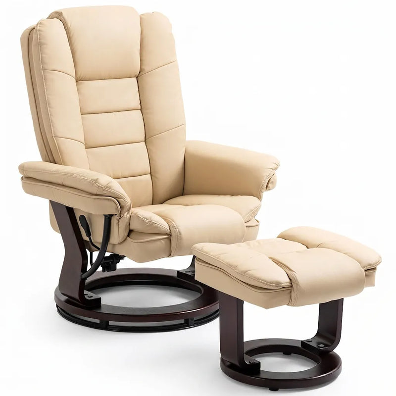 Fauteuil relax beige avec dossier matelassé et repose-pieds, base ronde pivotante