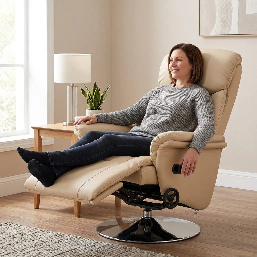 Fauteuil relax beige inclinable et pivotant avec repose-pieds, accoudoirs rembourrés