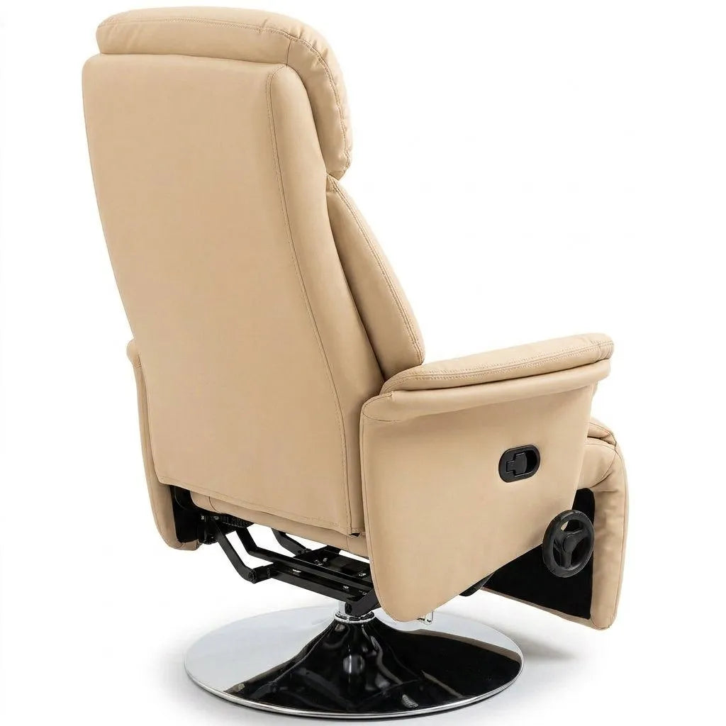 Fauteuil relax beige pivotant, repose-pieds escamotable et base ronde noire