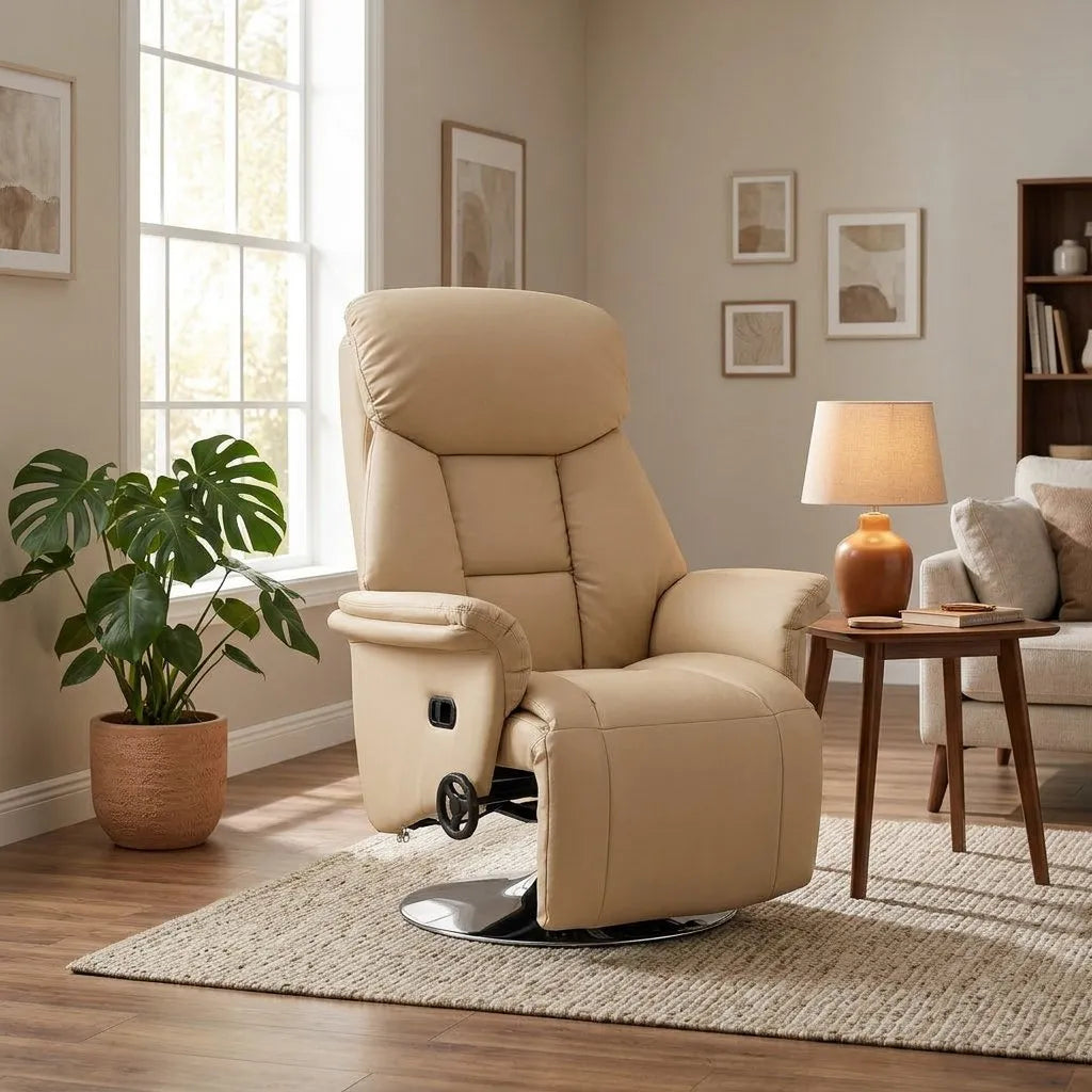 Fauteuil relax beige inclinable avec repose-pieds intégré et piètement pivotant