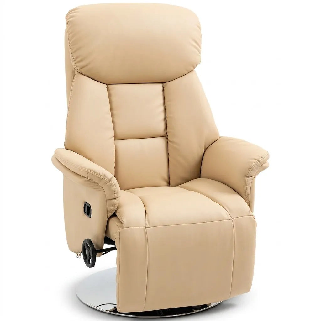 Fauteuil relax beige à dossier haut, repose-pieds et commande latérale