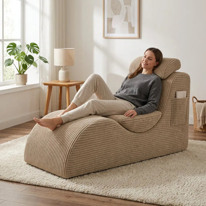 Fauteuil relax en tissu côtelé kaki, dossier inclinable, assise amovible et accoudoirs.