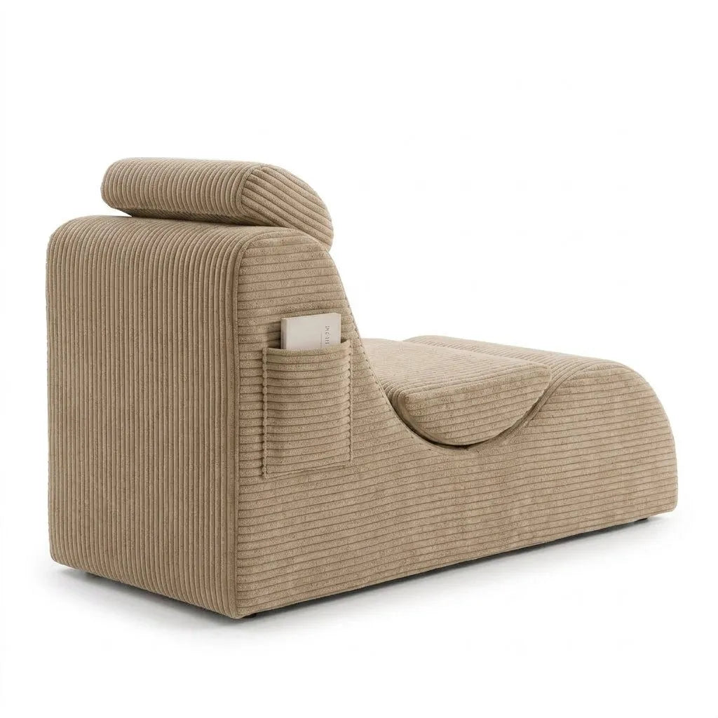 Fauteuil relax tissu côtelé kaki, vue latérale, coussin replié et assise amovible.