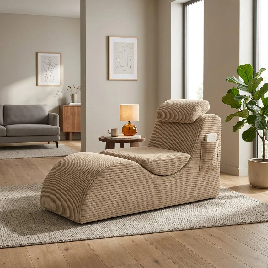 Fauteuil relax en tissu côtelé kaki, coussin de dossier et assise amovible.