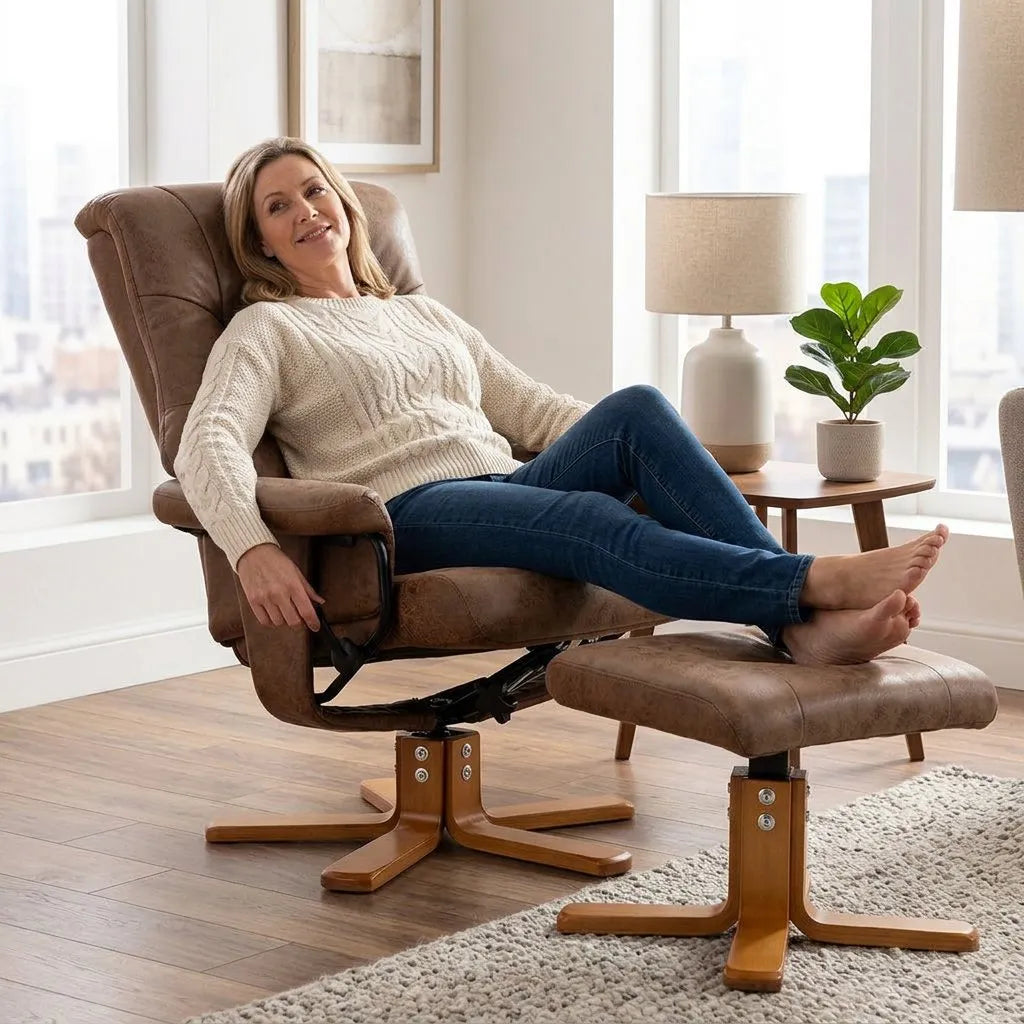 Fauteuil relax pivotant en microfibre suédée brun avec repose-pieds intégré et base en bois