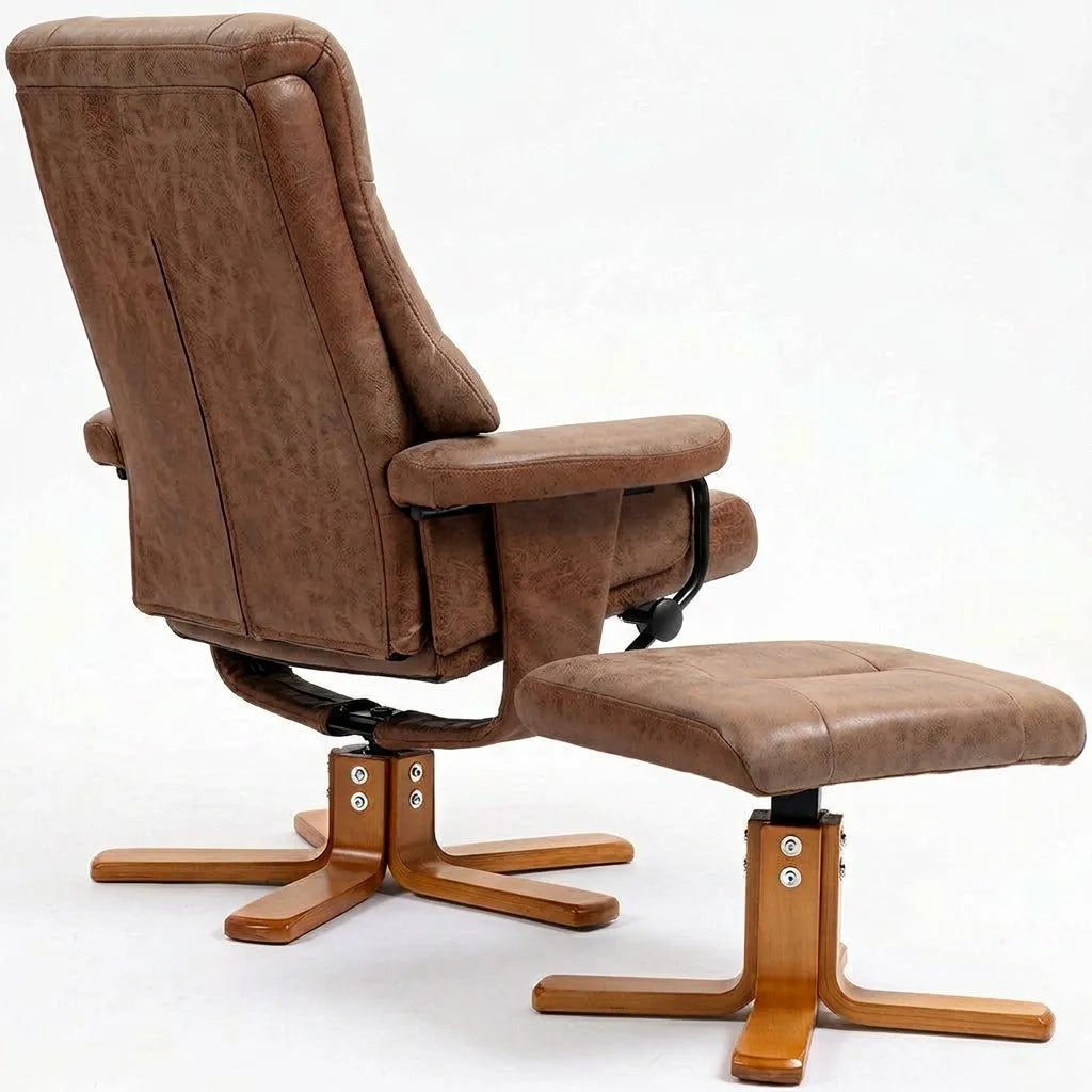 Fauteuil relax pivotant brun en microfibre avec repose-pieds et piètement bois à patins