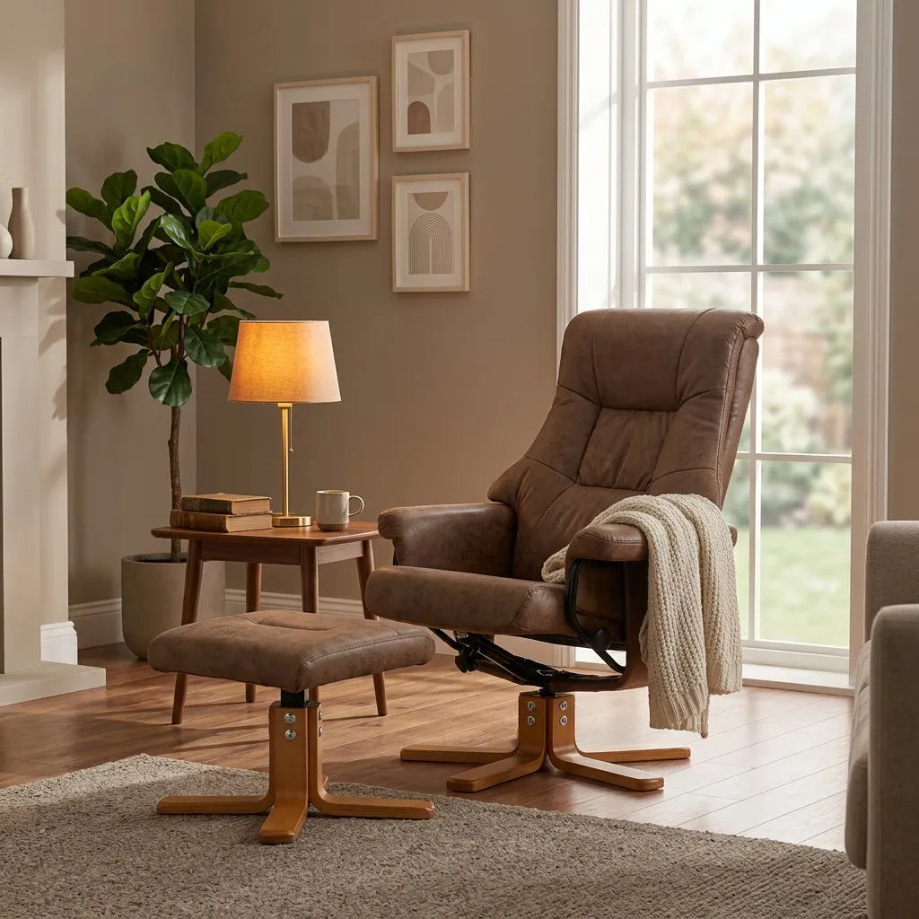 Fauteuil relax pivotant en microfibre suédée brun avec repose-pieds, accoudoirs et dossier haut