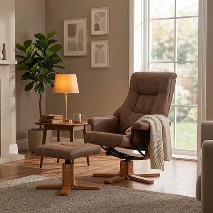 Fauteuil relax pivotant en microfibre suédée brun avec repose-pieds, accoudoirs et dossier haut