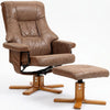Fauteuil relax pivotant brun en microfibre suédée avec repose-pieds et base bois en X