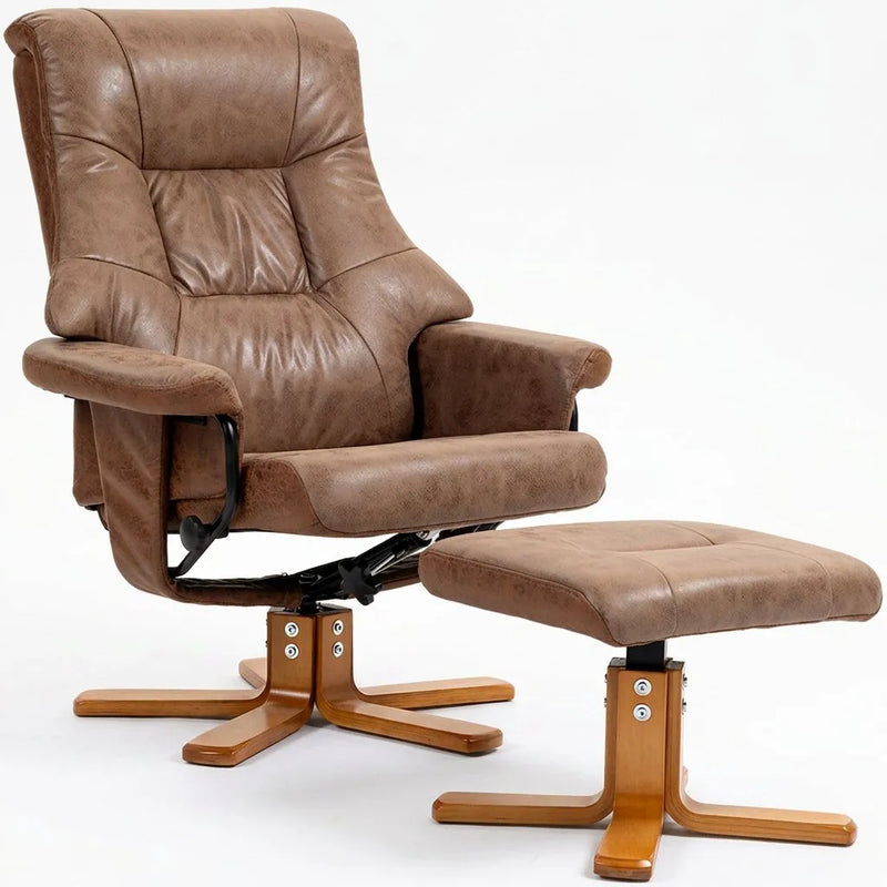 Fauteuil relax pivotant brun en microfibre suédée avec repose-pieds et base bois en X