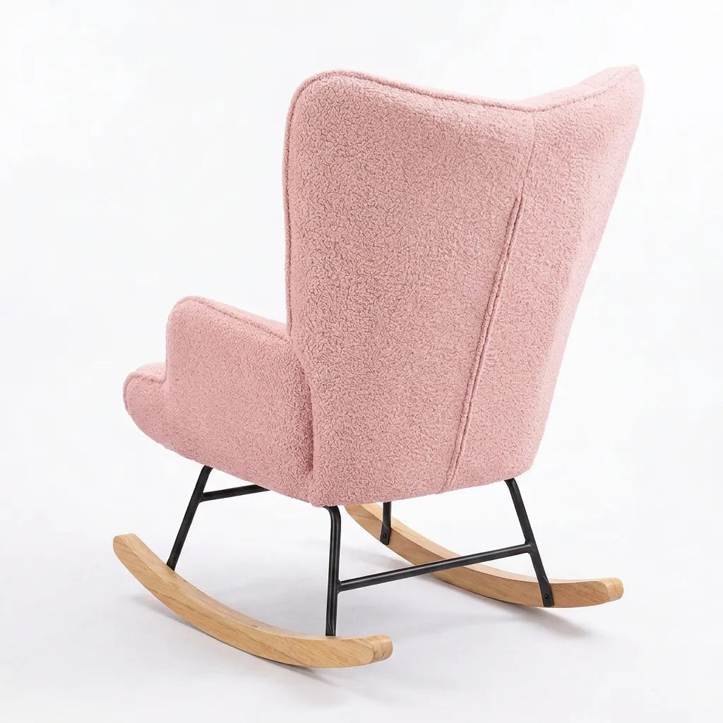 Fauteuil relax à bascule en laine bouclée rose, dossier haut et patins en bois