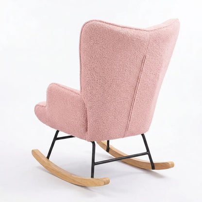 Fauteuil relax à bascule en laine bouclée rose, dossier haut et patins en bois