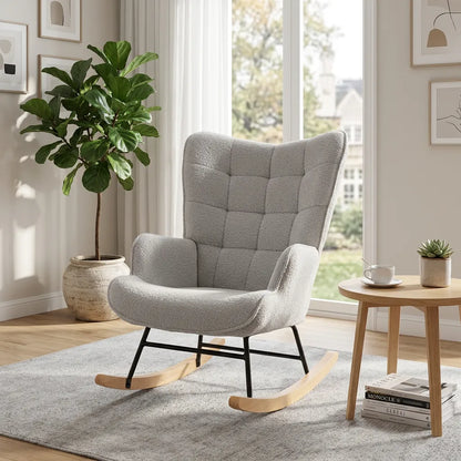 Fauteuil relax à bascule en laine bouclée grise, capitonnage carré, patins en bois