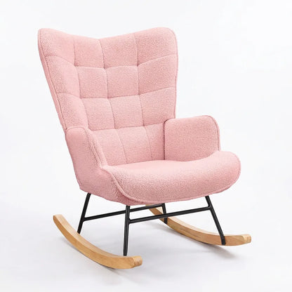 Fauteuil relax à bascule en laine bouclée rose, coussins carrés et patins en bois