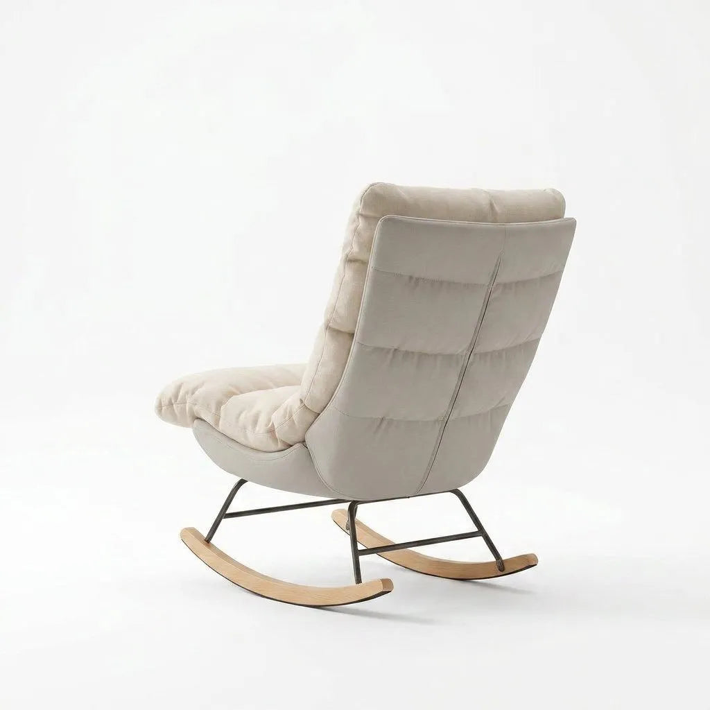 Fauteuil relax à bascule en lin blanc cassé, dossier haut rembourré, rocker bois.