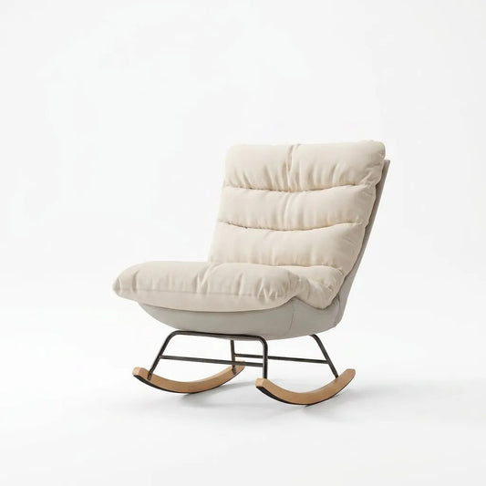 Fauteuil relax à bascule en lin blanc cassé, dossier haut et assise rembourrés, rocker bois.