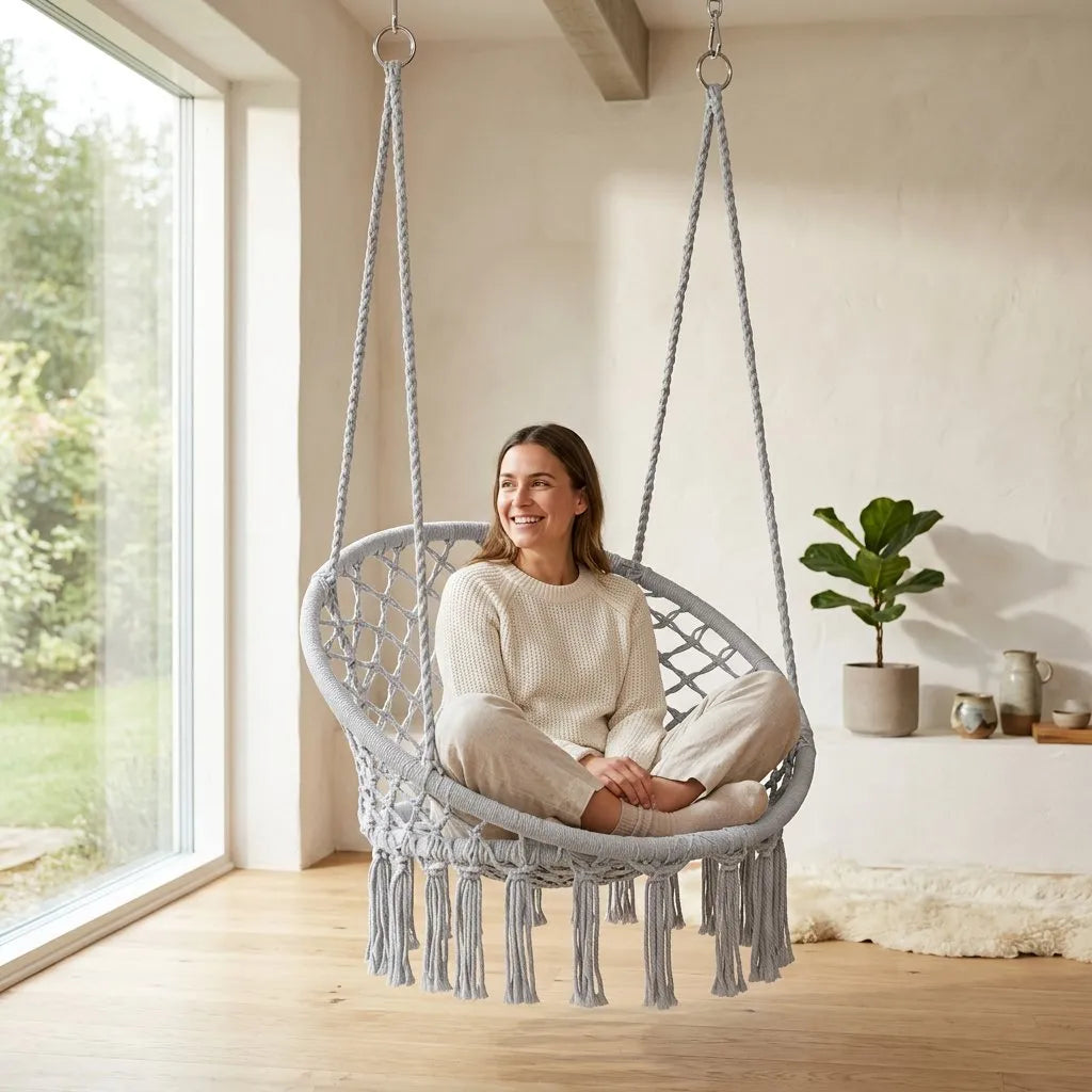 Fauteuil suspendu ovale en filet tressé gris, franges, personne assise.