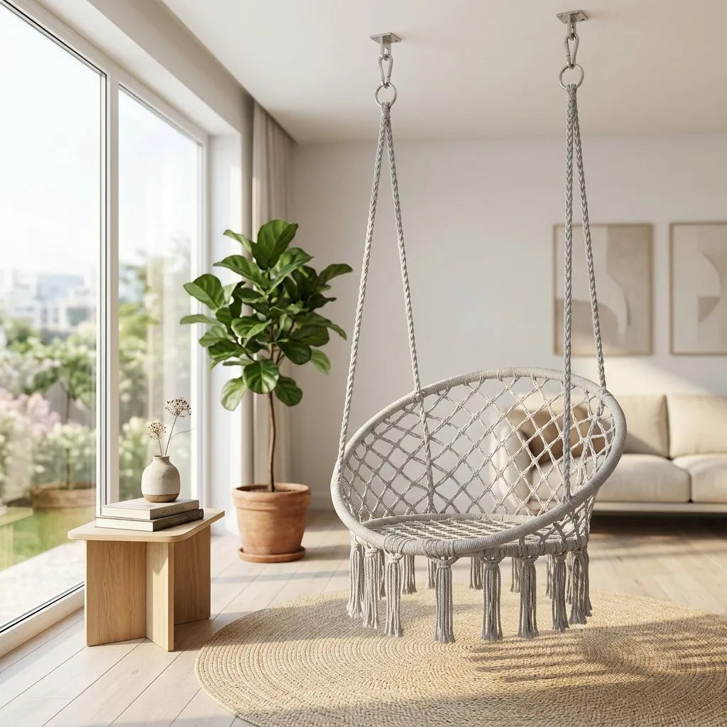 Fauteuil suspendu ovale en filet tressé gris, franges et assise suspendue.