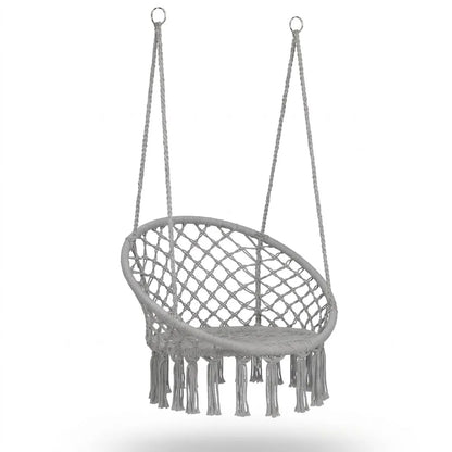 Fauteuil suspendu ovale en filet tressé gris, franges au bas, deux cordes.