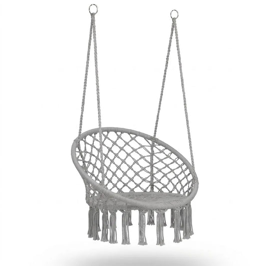 Fauteuil suspendu ovale en filet tressé gris, franges au bas, deux cordes.