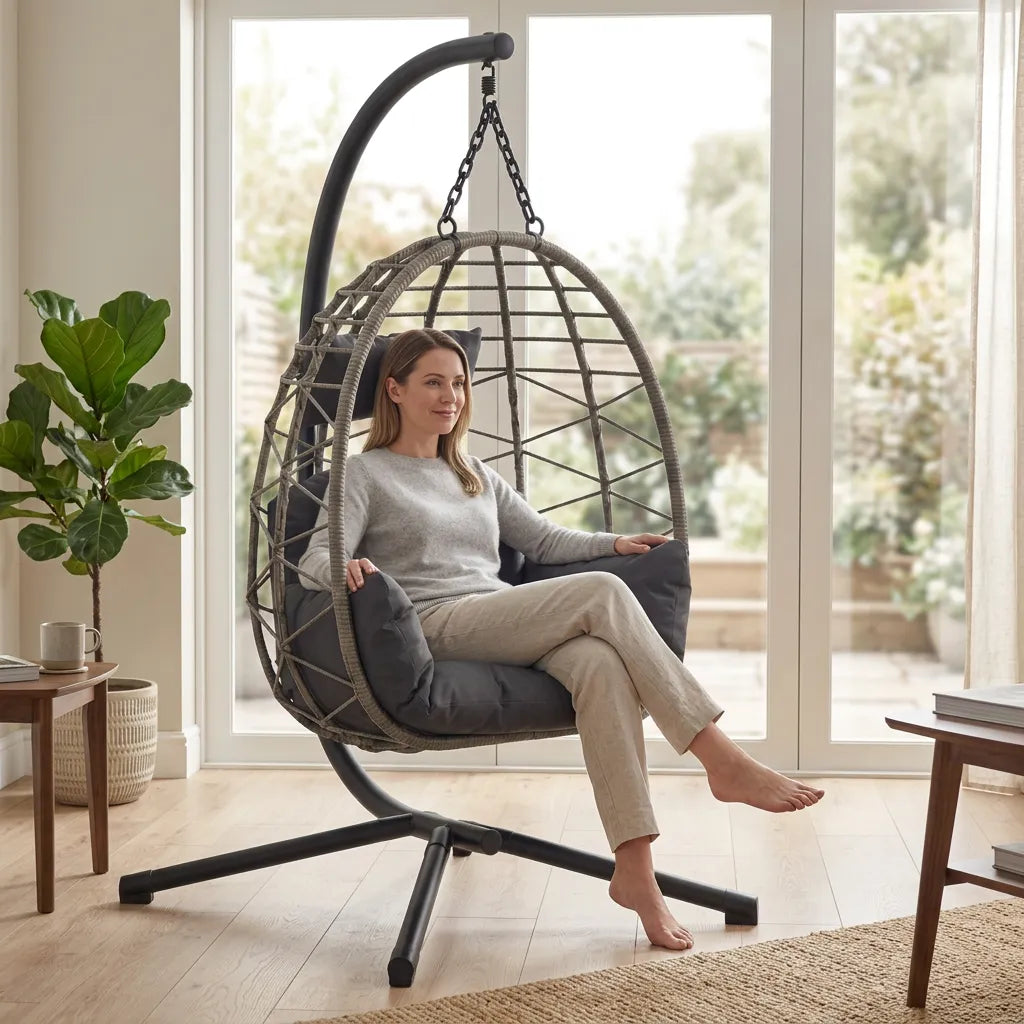 Fauteuil suspendu cocon en rotin gris, coussins épais et support noir