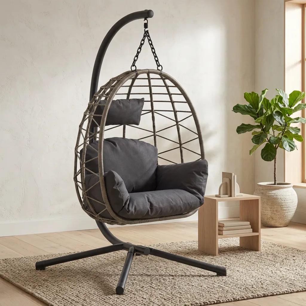 Fauteuil suspendu cocon en rotin avec coussins gris foncé, assise profonde