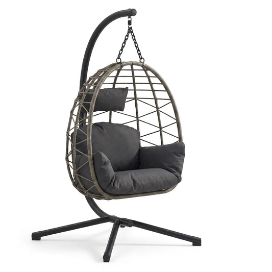 Fauteuil suspendu cocon en rotin, coussins gris foncé, dossier en osier