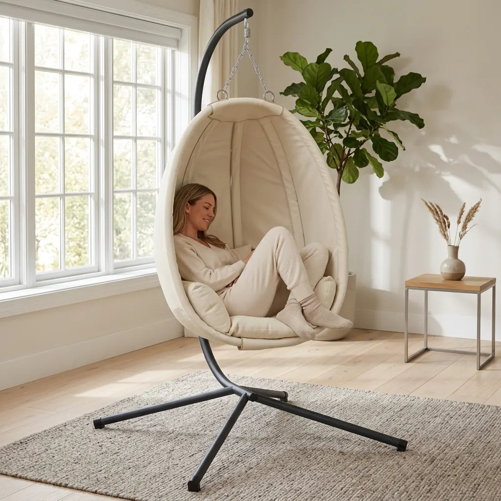 Fauteuil suspendu en forme d’œuf, coussin crème clair, structure noire, sur pied