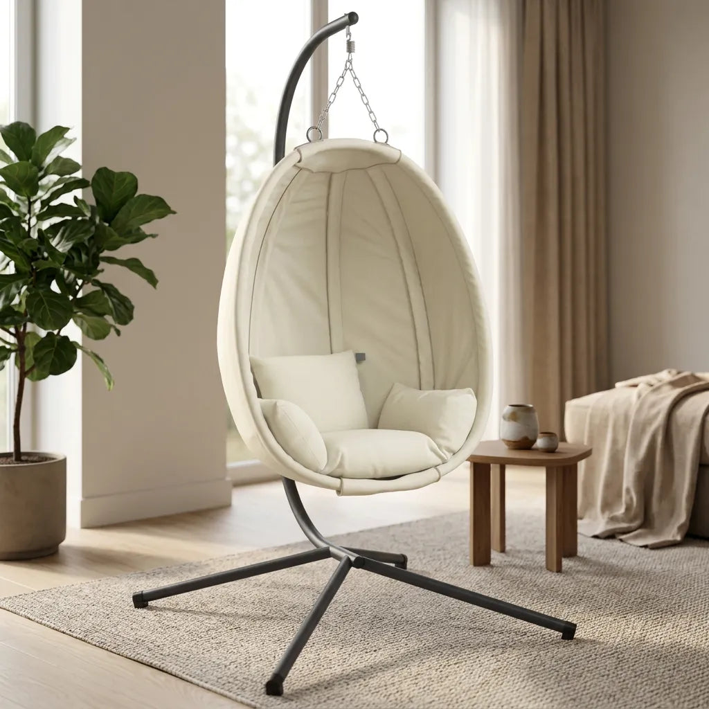 Fauteuil suspendu œuf crème clair, coussin rembourré avec dossier, piètement noir