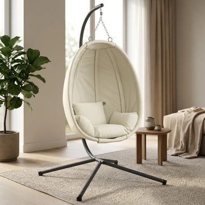 Fauteuil suspendu œuf crème clair, coussin rembourré avec dossier, piètement noir