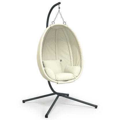 Fauteuil suspendu en œuf crème, coussins intérieurs, chaîne au sommet, pied noir