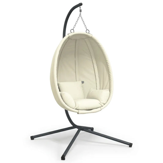 Fauteuil suspendu en œuf crème, coussins intérieurs, chaîne au sommet, pied noir