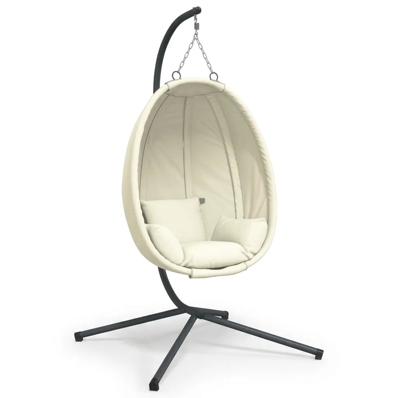 Fauteuil suspendu en œuf crème, coussins intérieurs, chaîne au sommet, pied noir