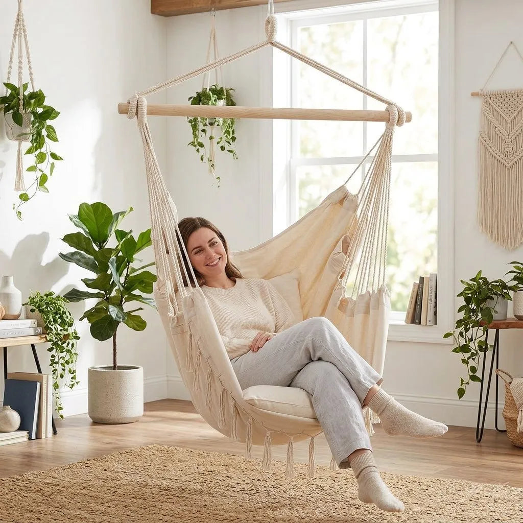 Fauteuil suspendu écru en hamac avec coussins, franges et support en bois